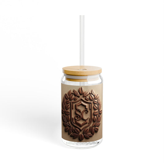 Monogrammed Crest Sipper Glass — 16oz Personalized Emblem Drink Jar