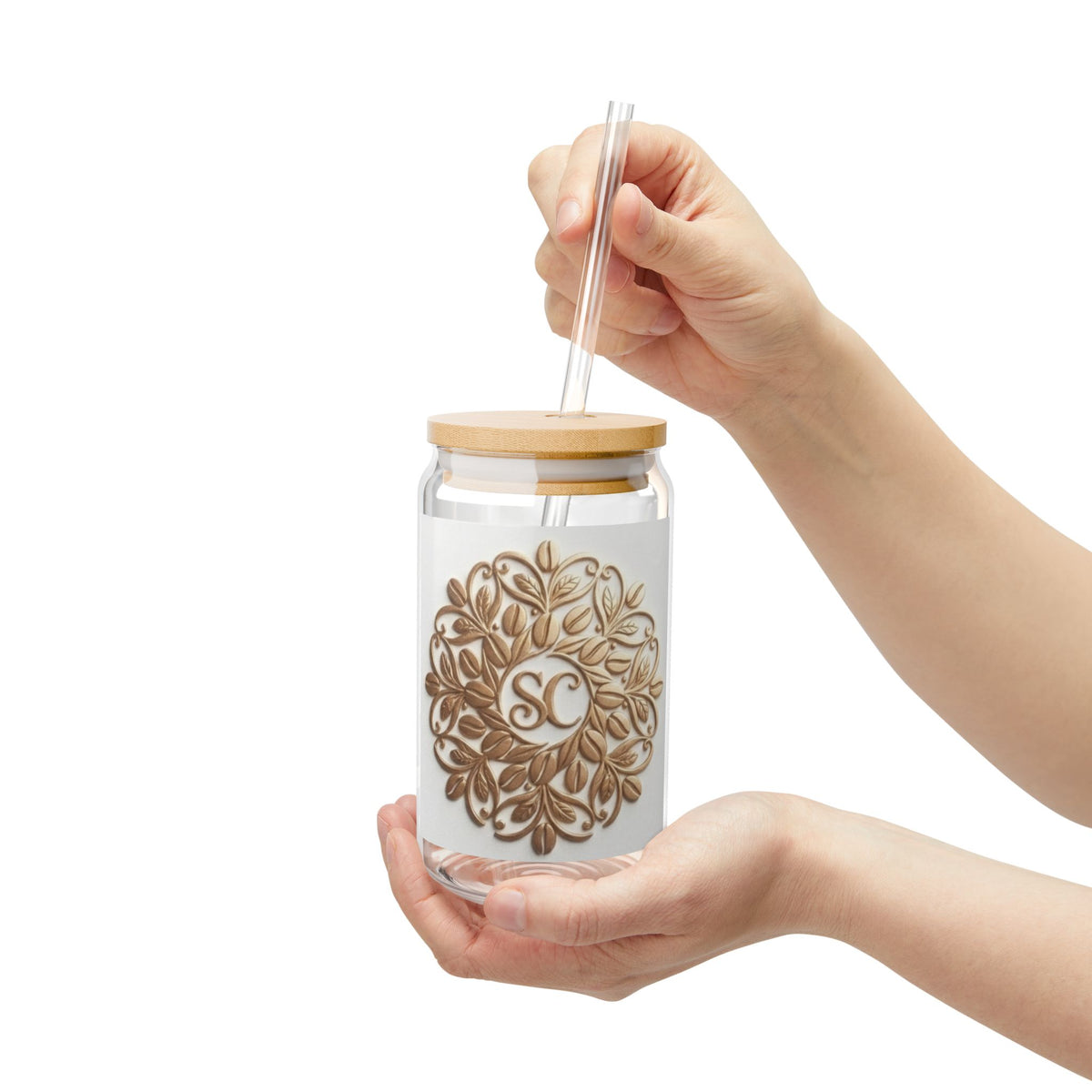 16oz Glass Sipper Cup with Bamboo Lid & Gold Mandala Monogram (SC)