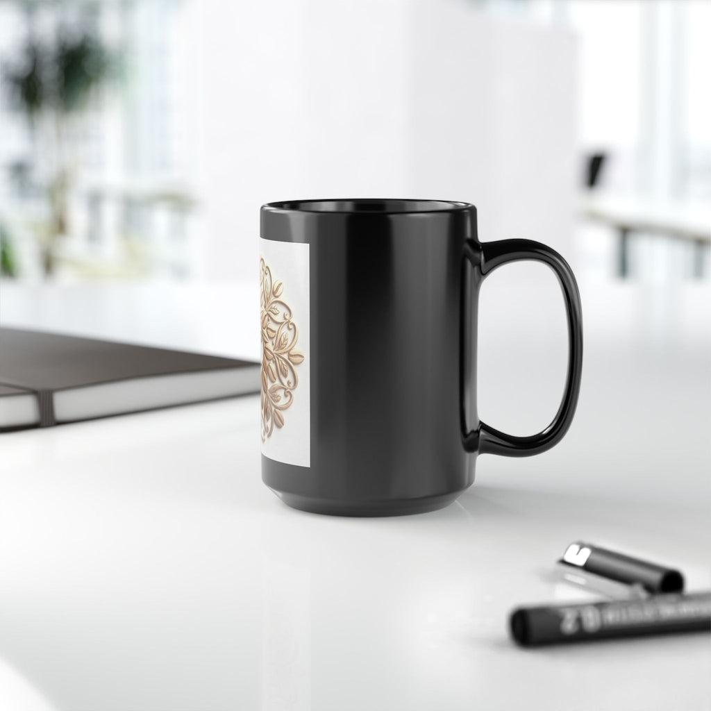 15oz Black Mug — Elegant Gold Floral Monogram "SC"