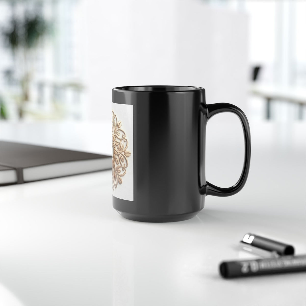15oz Black Mug — Elegant Gold Floral Monogram "SC"