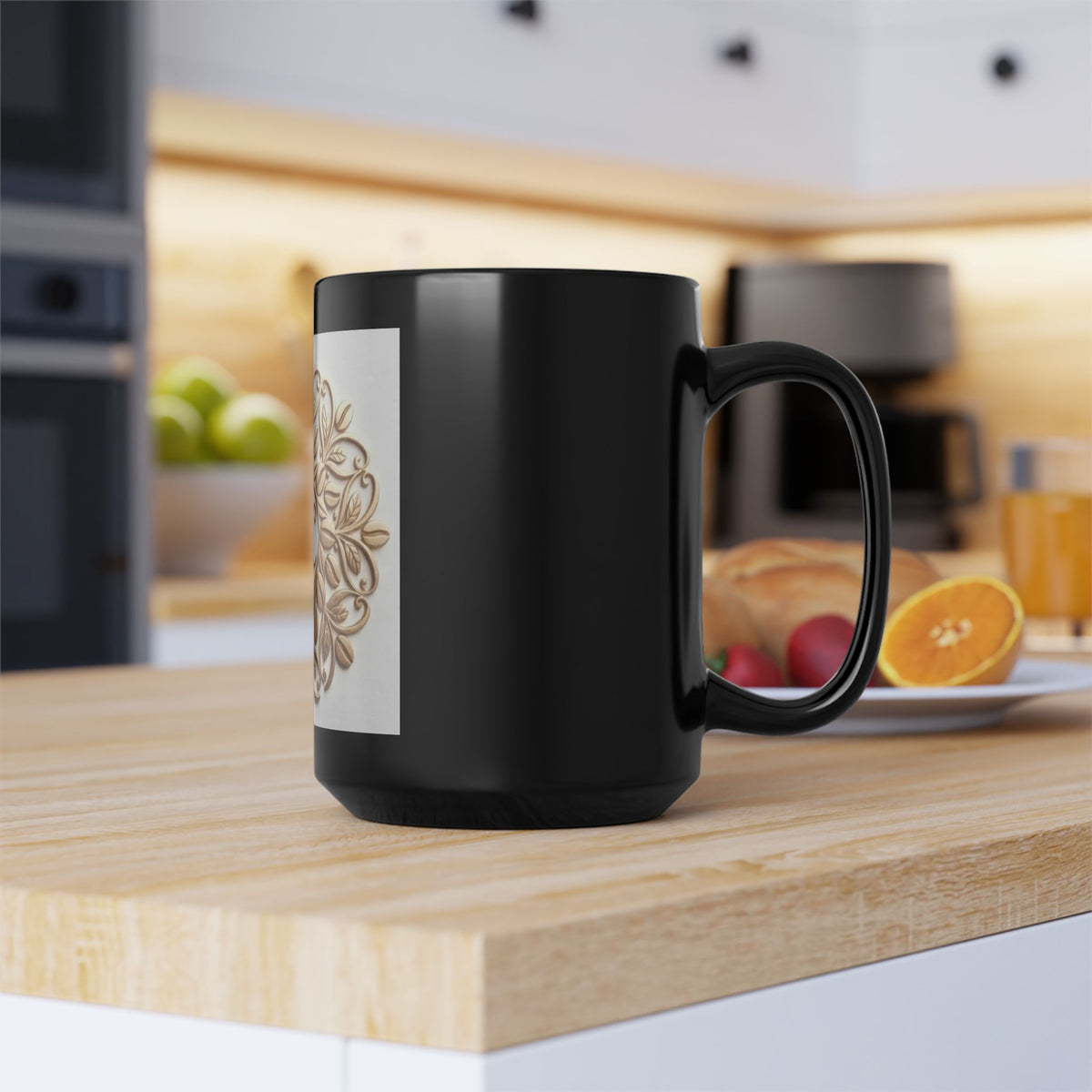 15oz Black Mug — Elegant Gold Floral Monogram "SC"