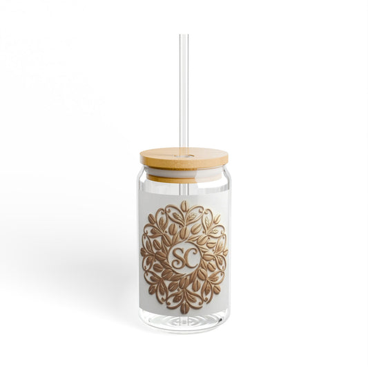 16oz Glass Sipper Cup with Bamboo Lid & Gold Mandala Monogram (SC)