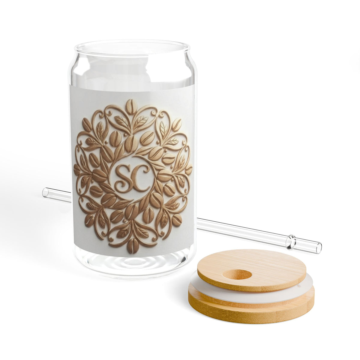 16oz Glass Sipper Cup with Bamboo Lid & Gold Mandala Monogram (SC)