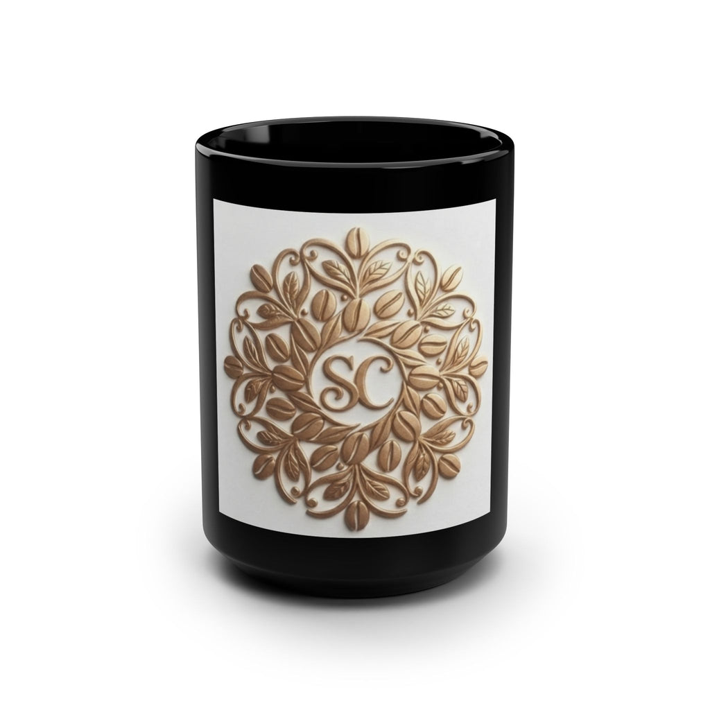 15oz Black Mug — Elegant Gold Floral Monogram "SC"