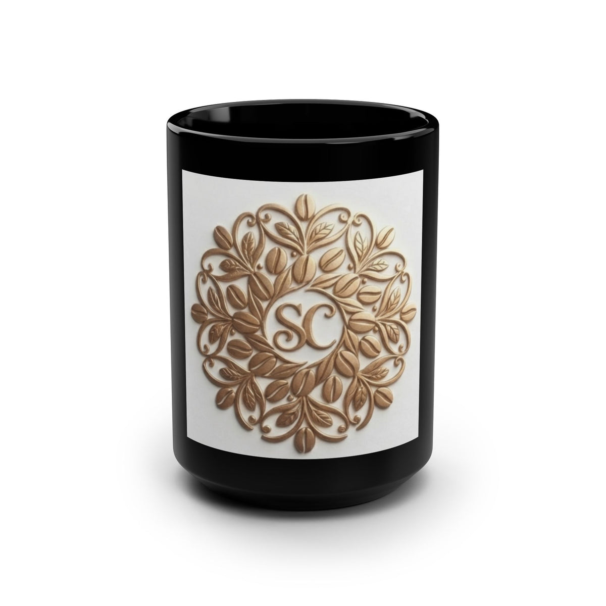 15oz Black Mug — Elegant Gold Floral Monogram "SC"