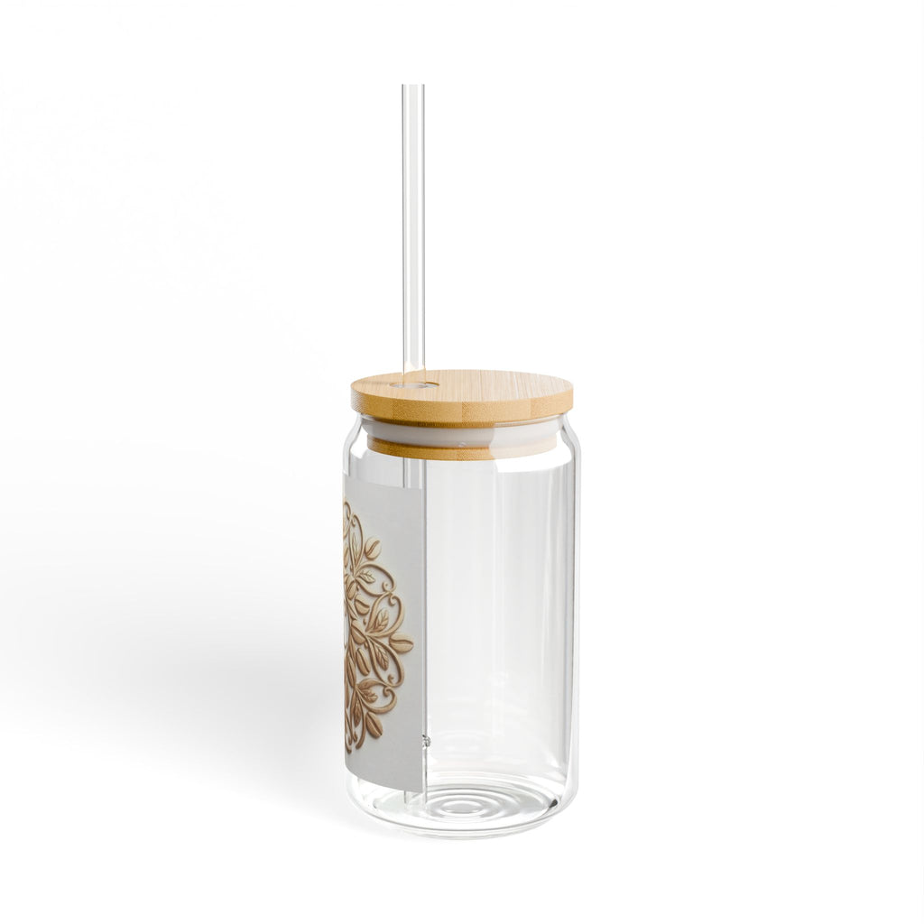 16oz Glass Sipper Cup with Bamboo Lid & Gold Mandala Monogram (SC)