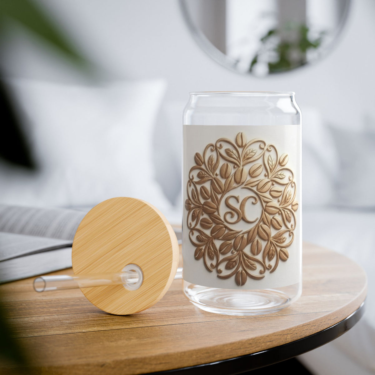 16oz Glass Sipper Cup with Bamboo Lid & Gold Mandala Monogram (SC)